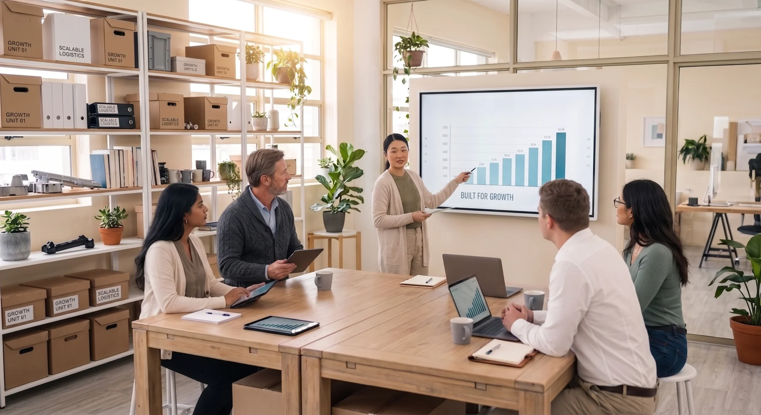 An advisor presenting a growth chart to a seated leadership team in a light-filled office.