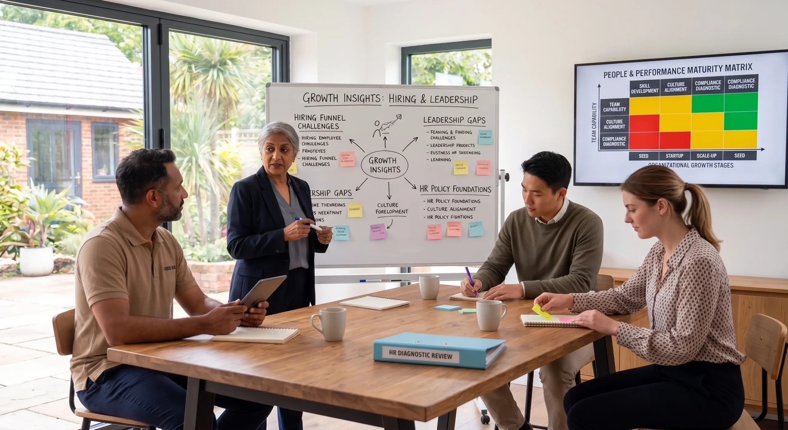 An advisor mapping hiring, leadership and HR themes on a whiteboard for a small business team.