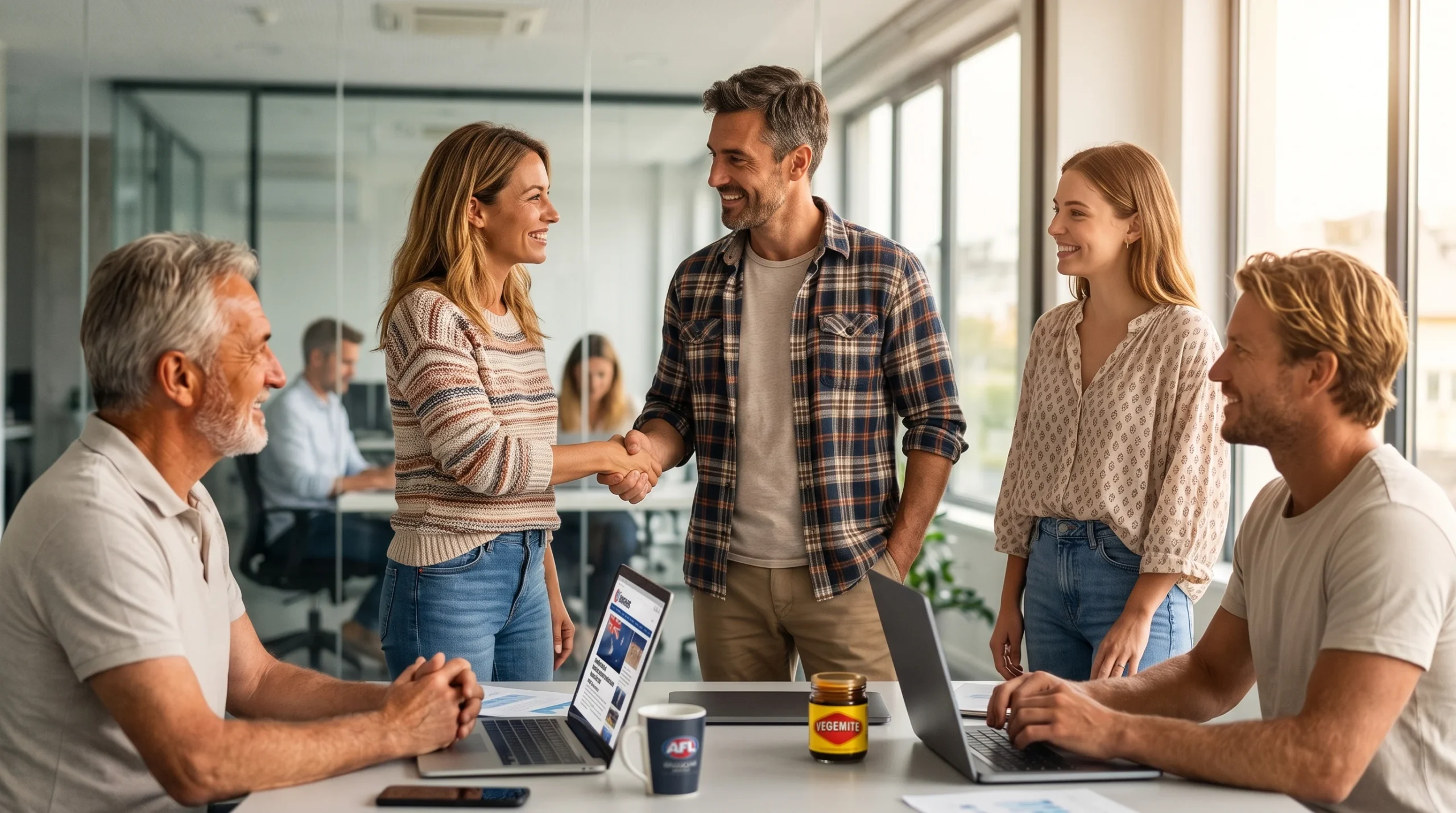 A business owner shaking hands with an advisor while their team looks on in an office.