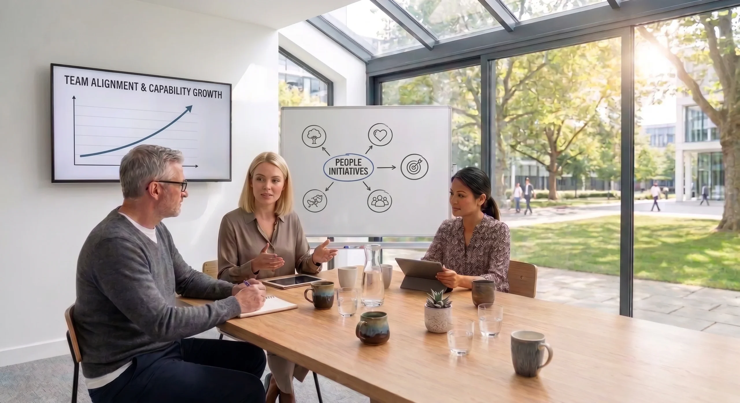 Three people talking around a meeting table beside a whiteboard headed People Initiatives.
