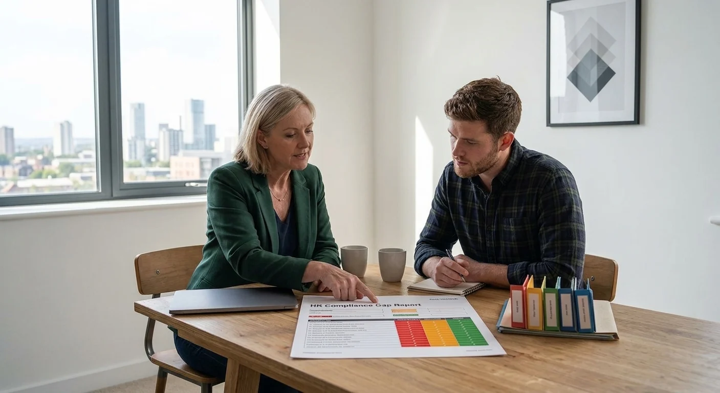 An advisor and a business owner reviewing an HR compliance report together at a table.