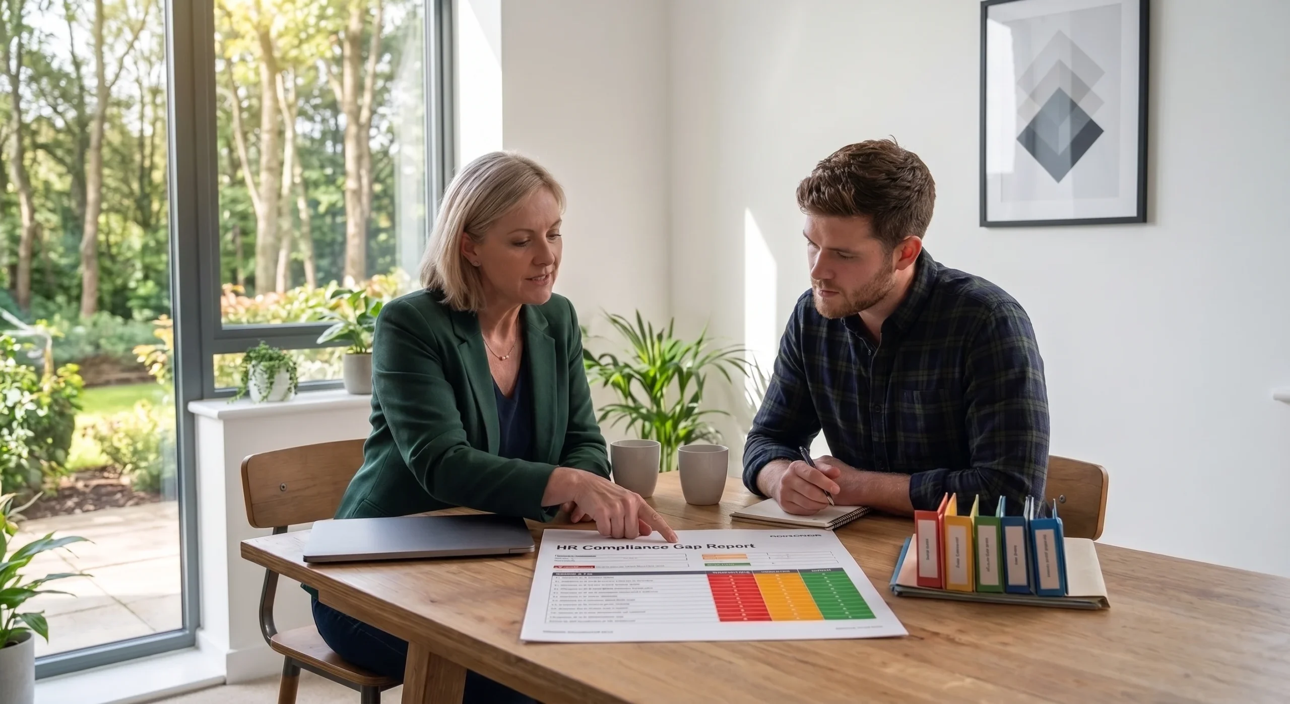 An HR advisor walking a business owner through a compliance gap report at a table.