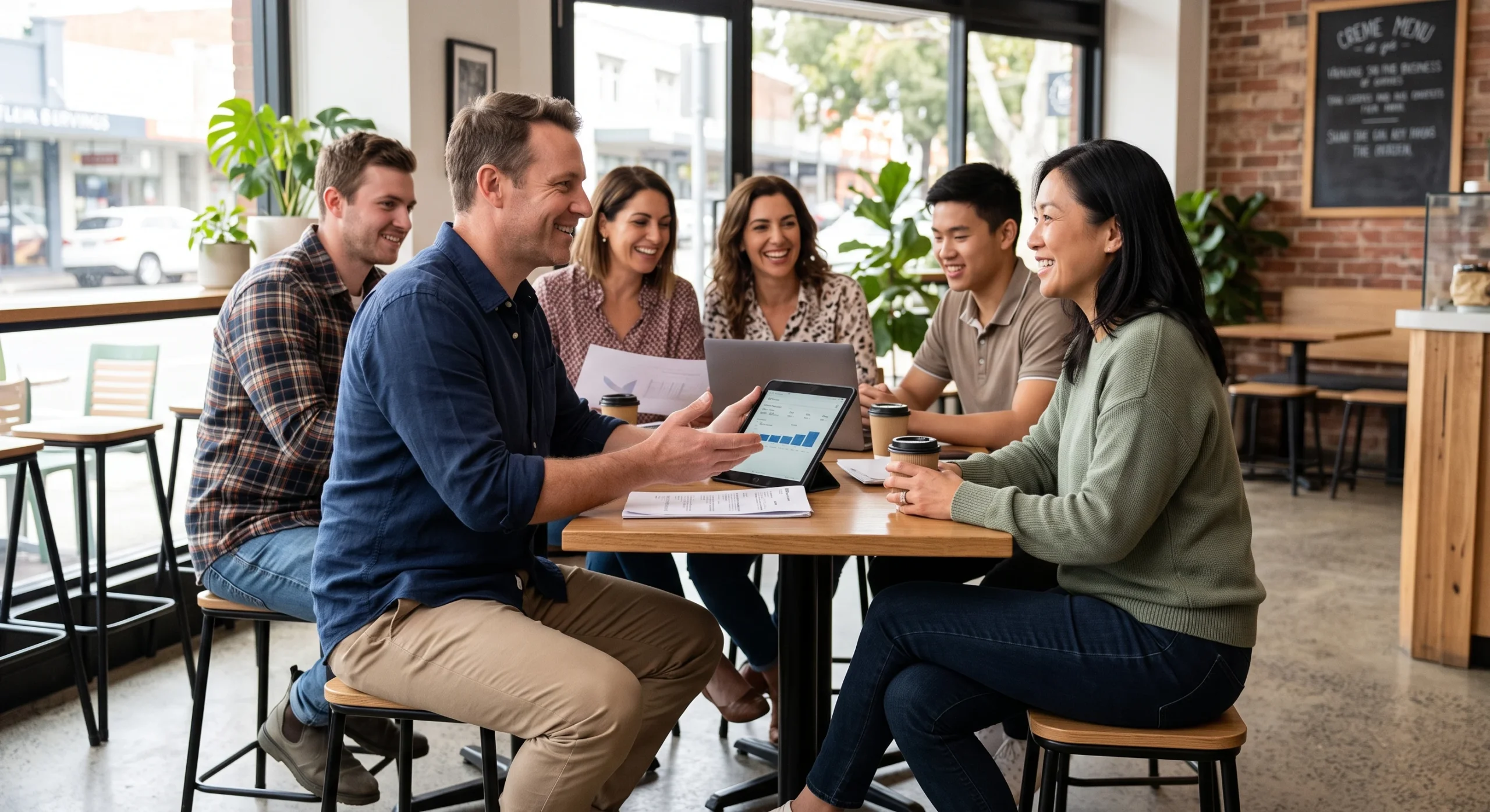 An advisor showing figures on a tablet to a small business team around a cafe table.