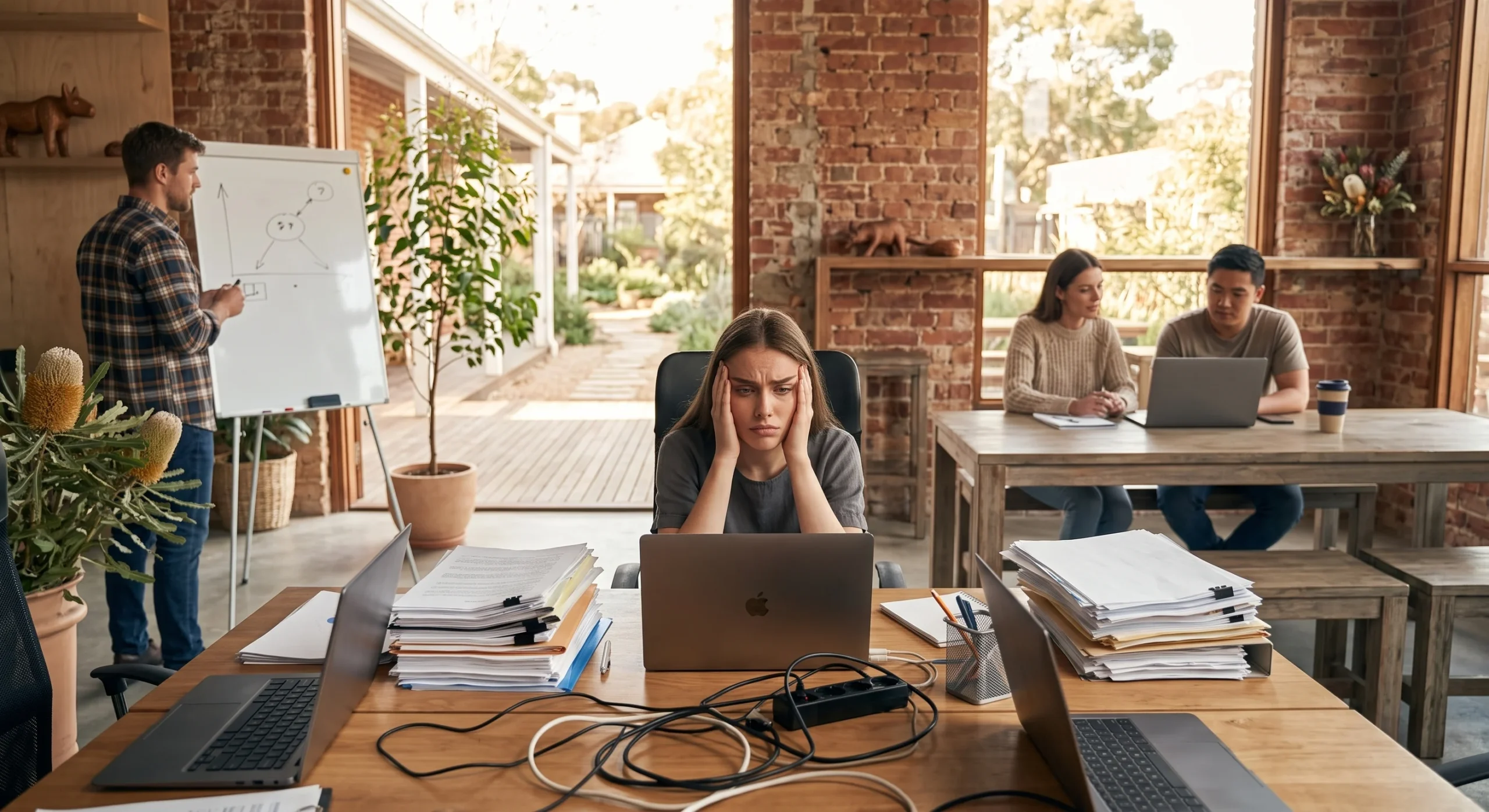A manager sitting with her head in her hands at a desk stacked with paperwork while colleagues meet behind her.