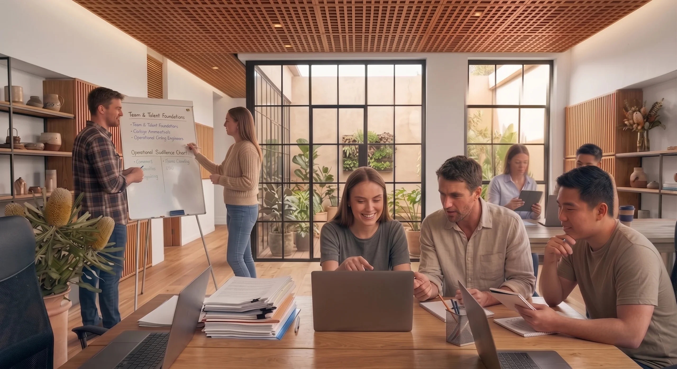 A small business team working together around a laptop in a bright open-plan office.