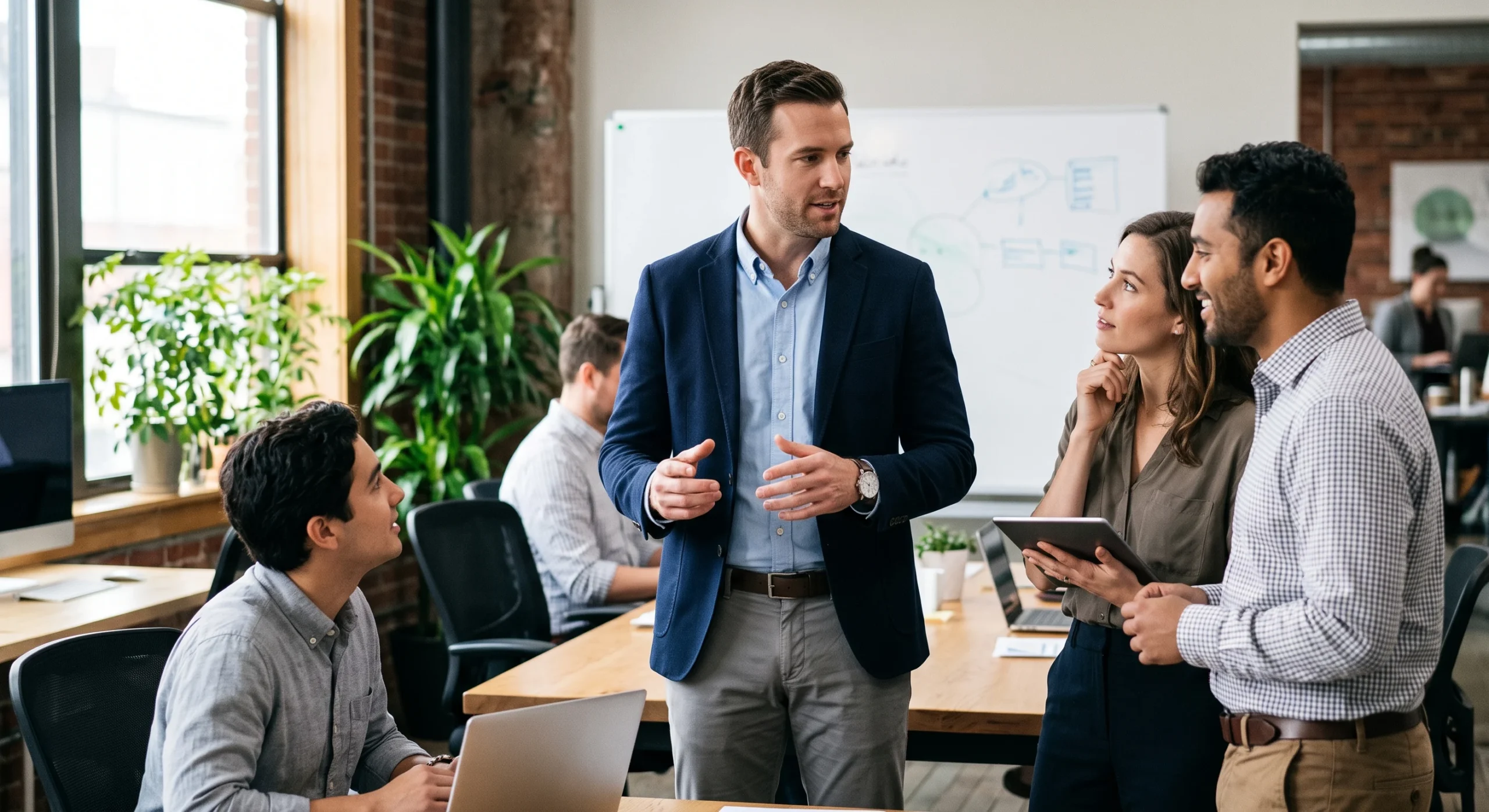 A manager leading a discussion with his team beside a whiteboard in an open-plan office.