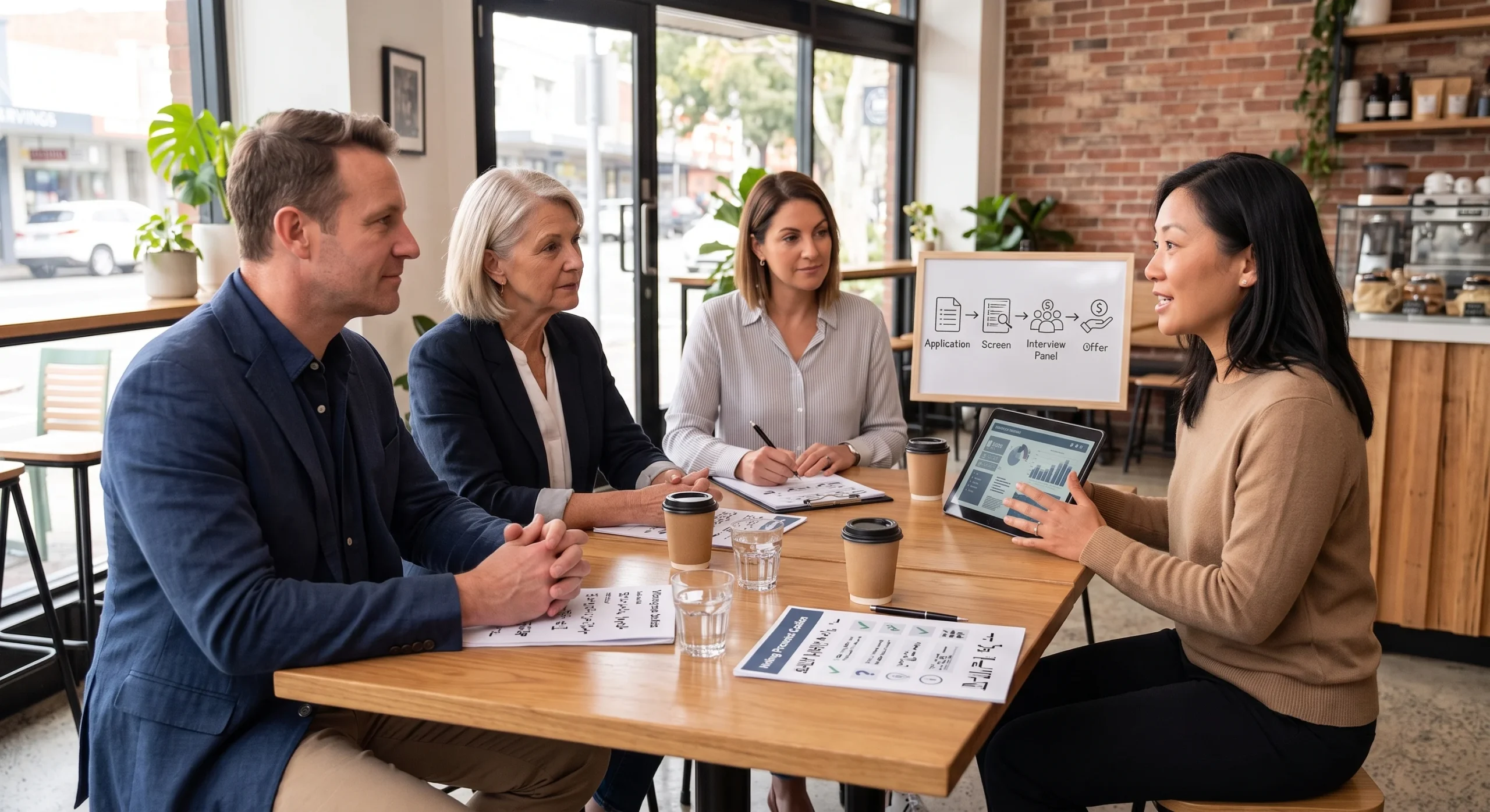 An interview panel meeting around a table with the hiring process mapped out on a whiteboard behind them.